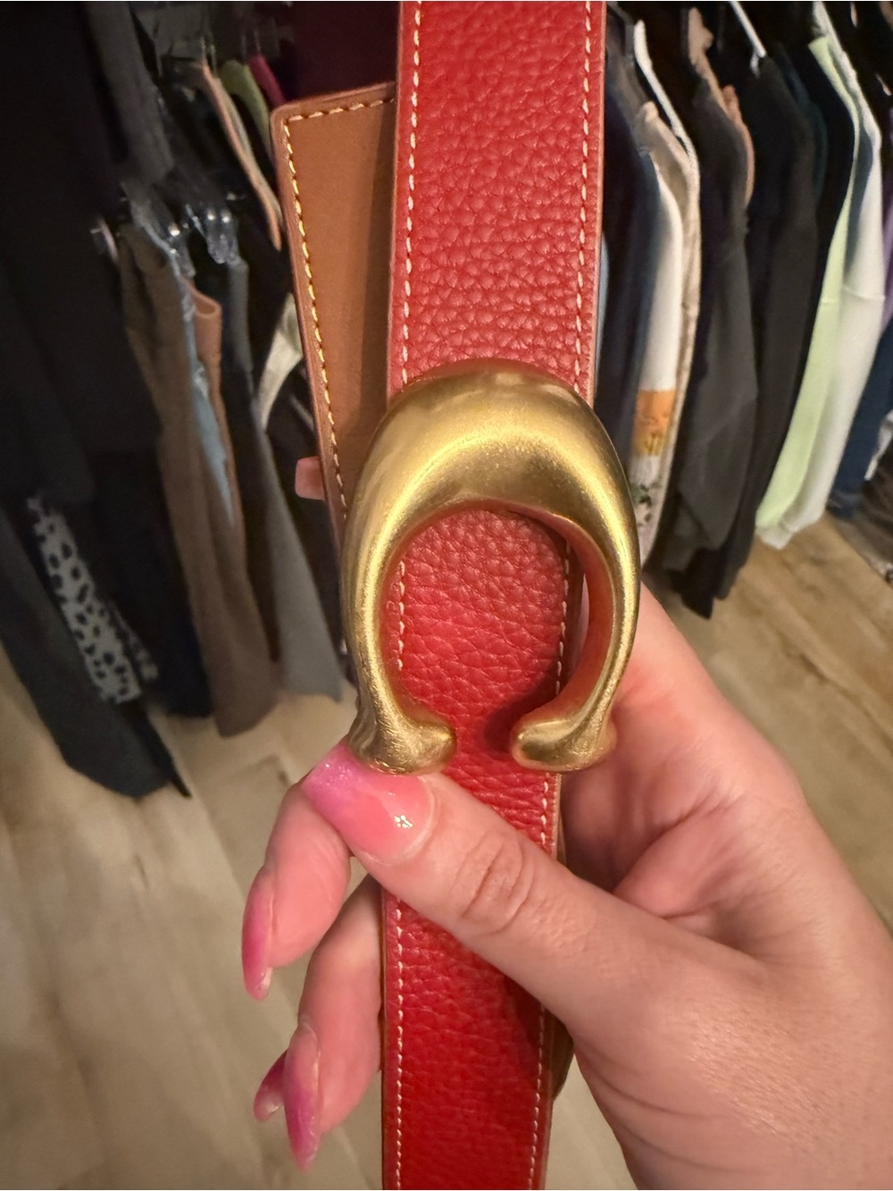 Coach Red Pebbled Leather Belt with Brass Horseshoe Buckle